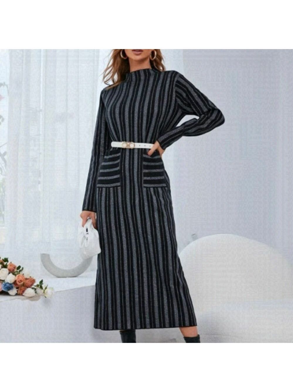 Stripe Pattern Dual Pocket Sweater Dress Without Belt Size M